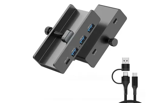 USB Hub 3.0 Aluminum 4-Port USB Adapter with 3 USB-A Data Ports for Monitors Desks - Black