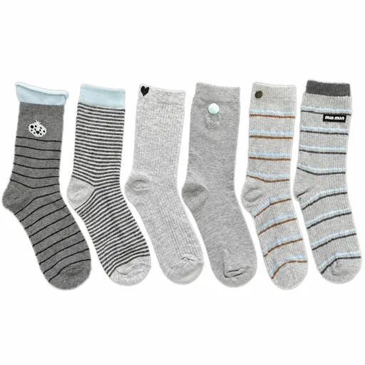 Unisex Grey Mid-Calf Socks, Preppy Collegiate Style with Stripes, Hearts and Button Details, 4 Pairs