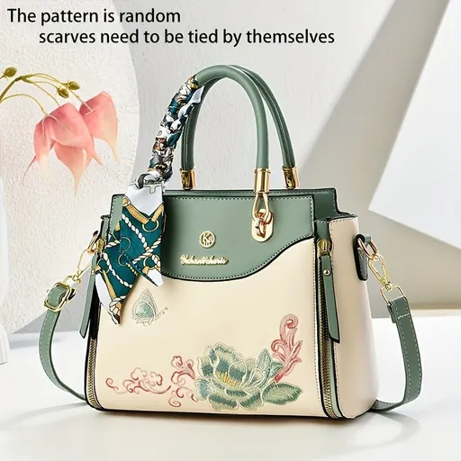 Embroidered Leather Handbag High-Quality Handbag Stylish Handbag Leather Bag - Green - Size L
