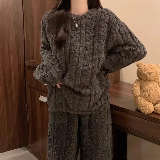 Grey Coral Fleece Jacquard Thermal Pajama Set — Autumn/Winter Fleece-Lined, Thickened, Casual Loungewear