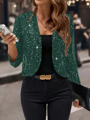Sparkly Women'S Jacket Sheer Jacket Women'S Outerwear Fashion Jacket Glamorous - Green - Size L