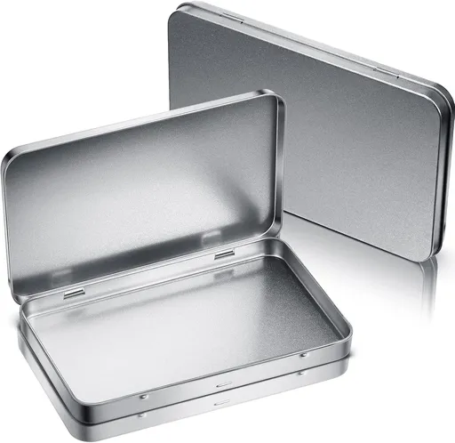 2 Pack Rectangular Metal Tin Box with Lid Metal Hinged Lid Tin Empty Box Container Storage for Watercolor Jewelry Pen Eraser Pill Candy Craft Organize 7.0 x 4.2 x 0.6'' (Sliver)