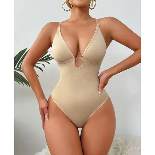 Fashion Style Pattern Neckline Fit Type Of Clothing Solid Color Deep V Fitted Bodysuit With Thong - Skin Tone - Xl