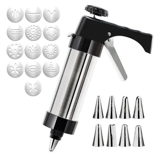 Stainless Steel Cookie Press Maker Kit with 13 Disc Molds and 8 Icing Tips Black Manual Biscuit Machine Set