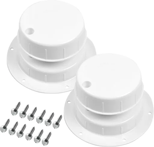 White RV Roof Vent Cover Kit 2-Pack with Screws – Universal Fit for 1" to 2-3/8" OD Pipes – Compatible with Trailers, Campers, Motorhomes