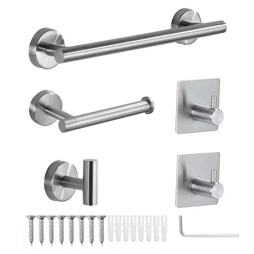 5 Pieces Bathroom Hardware Accessories Set Towel Rack Paper Holder Hook Adhesive Hook Multifunction Bathroom Set Silver
