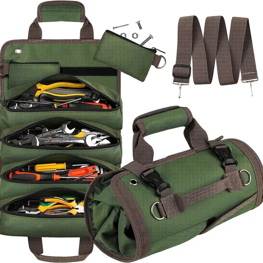 Green Heavy-Duty Oxford Cloth Roll-Up Tool Organizer - Detachable Multi-Purpose Utility Bag for Mechanics, Electricians & Outdoors