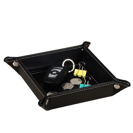 Valet Tray Desktop Storage Organizer – Premium PU Leather Bedside Vanity Tray Nightstand Caddy Holder for Remote Controller, Keys, Phone, Wallet, Coin, Jewelry, Black