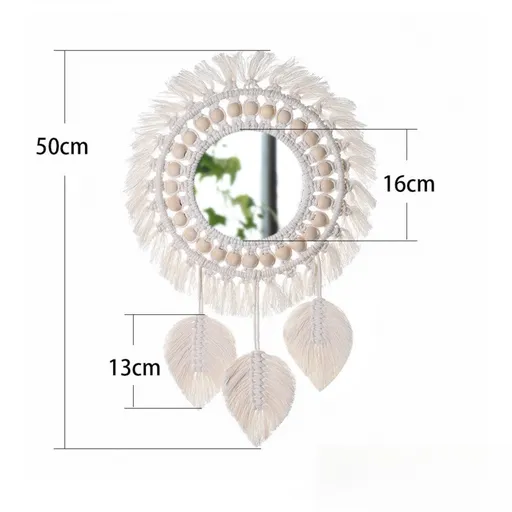 M0404 Bohemian Macrame Wall Hanging Mirror with Hand-Woven Petal Accents - Artistic Round Fringe Mirror for Home Decor