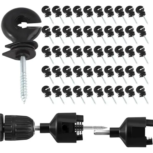 50 Pcs Annular Insulators for Electric Fencing Wood, Self-Attack Screw Insulators Accessories of Electric Fencing for Poles in and 1 Mandrel of