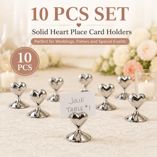 10-Pack Silver Plated Alloy Place Card Holders with Soild Heart Designs, Elegant Wedding Reception Seating Card Clips for Banquets, Parties and Events