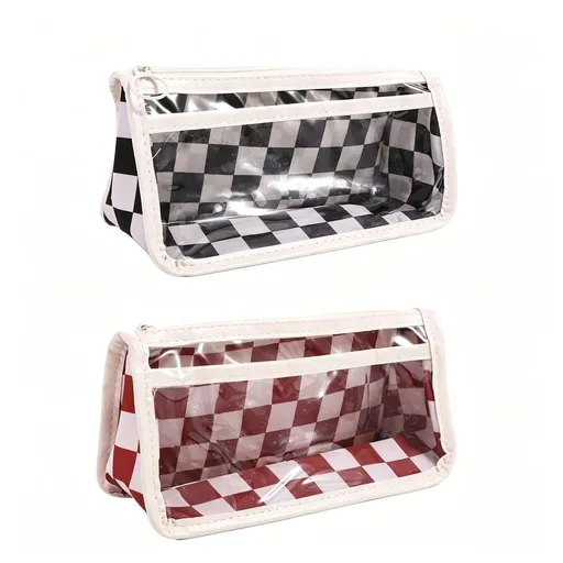Transparent Large Capacity Checkered Pencil Case, Waterproof Pen Box Zipper Pencil Case, Anti-scratch Pen Case(black)