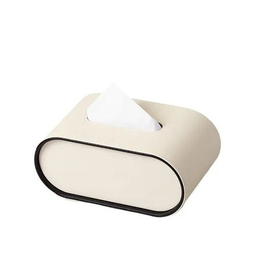 Tissue Box Cover,cream white Oval Leather Tissue Box Holders with Black Edging Accents,Decorative Tissue Covers for Bathroom Toilet Bedroom Living Room Table Desk Office Car