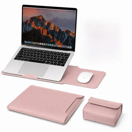 4 in 1 Pink Soft PU Leather Laptop Sleeve with Stand, Mouse Pad and Power Pouch - Lightweight Portable Case for 15/16 Inch Laptops