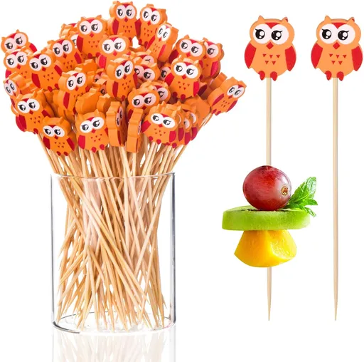 100 Pack Owl Toothpicks for Appetizers, 4.7 Inch Natural Bamboo Cocktail Picks for Cake Dessert Food Picks Wedding Birthday Party Decoration