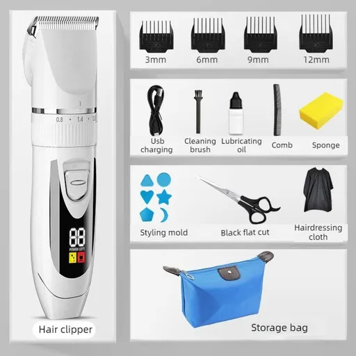 Digital Display Electric Hair Clipper, Rechargeable Hair Trimmer for Adults & Kids, Multiple Attachments—White