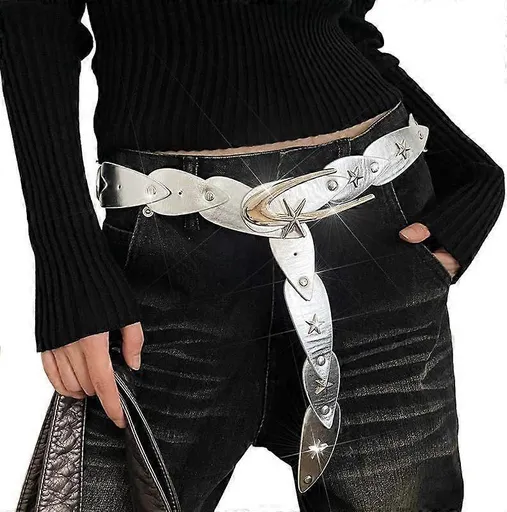Star Studded Silver Leather Belt for Women, Y2K Fashion Accessories