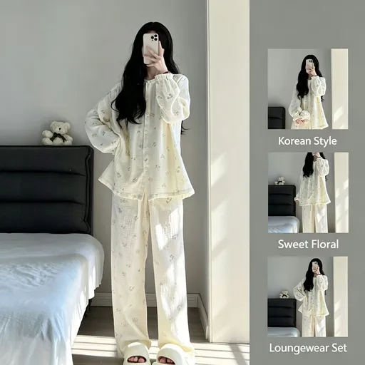 Crinkled Floral Size XXL | Roomy Crinkled Floral Sleepwear | Halloween Room Comfort Gift | Long Sleeve Loose Plus Size Homewear Set