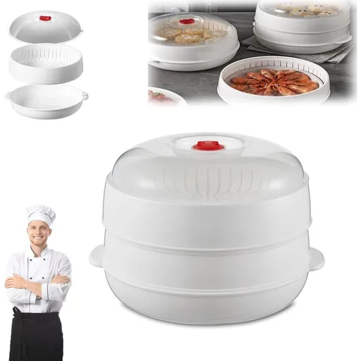 Microwave Oven Steamer, Round & Square Microwave Oven Steamer with transparent lid, Large Capacity Easy to Clean for Cooking Dumplings, Vegetable (Round double layer)