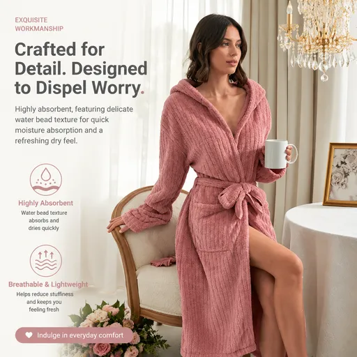 Women's Pink Coral Fleece Hooded Bathrobe (M)- Soft Plush Long Sleeve Wrap Robe with Tie Belt, Highly Absorbent Loungewear for Home Spa and Winter Sleepwear