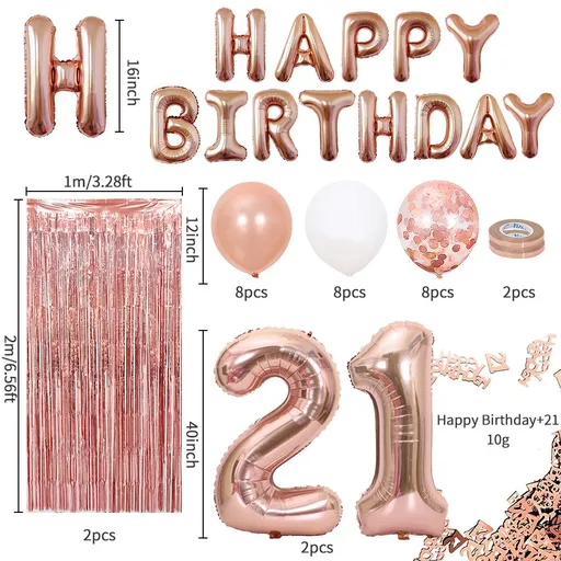 Rose Gold 21th Birthday Balloon Decoration Set - Foil Number Balloons, Happy Birthday Letter Banner, Tassel Curtain, Confetti Balloons, Latex Balloons & Tape - Complete Party Decor Kit for 18th, 21st, 30th Birthdays