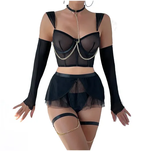 House Of Dasein Cross-Border Pure Desire Style Pink Sexy Transparent Mesh Skirt Uniform With Gloves Erotic Underwear Set - Black - S