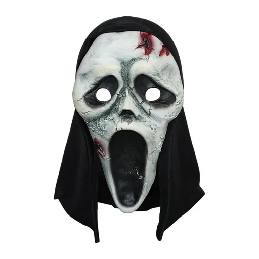 Scream Ghost Face Mask Halloween Cosplay Latex Hood Mask with Black Fabric Cowl for Horror Parties and Masquerades