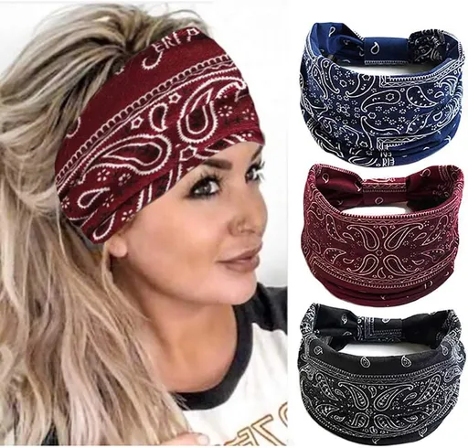 Boho Bandeau Headbands Wide Knot Hair Scarf Floral Printed Hair Band Elastic Turban Thick Head Wrap Stretch Fabric Cotton Head Bands Thick Fashion Hair Accessories for Women 3 Pcs (Elegant)