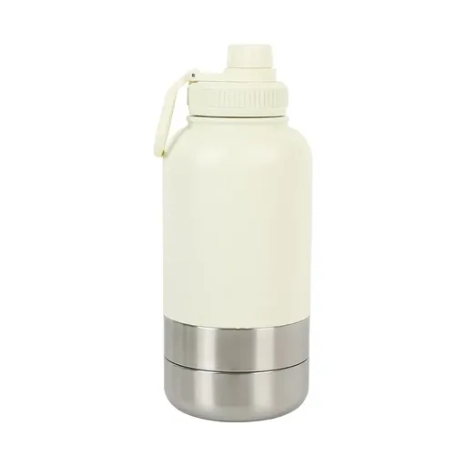3-in-1 Outdoor Pet Insulated Water Bottle: 32oz Large Capacity, 24H Temperature Lock, Hidden Dual Bowls, 304 Stainless Steel, Leak-Proof & Portable, Essential for Dog Walking & Camping./WHITE