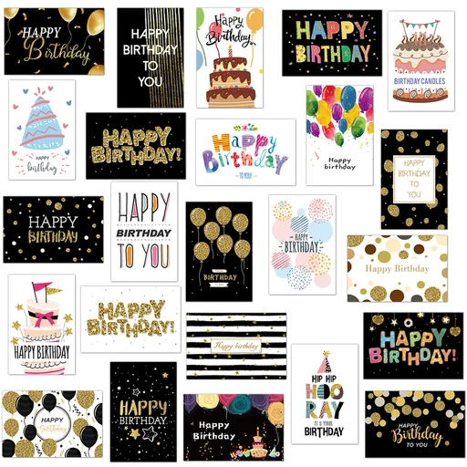 24 PCS Black Gold Happy Birthday Cards Set, Assorted Birthday Greeting Cards with Envelopes
