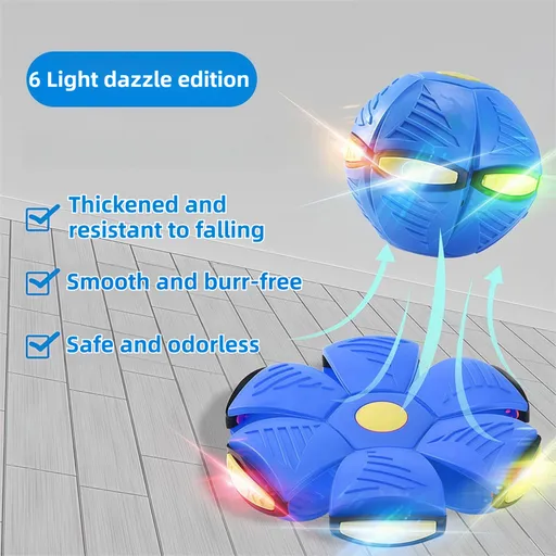 Blue LED Transforming Flying Disc Ball Toy with Music & 6 Light - Soft EVA Bounce Ball and Frisbee Shape Switchable Outdoor Interactive Soccer Toy for Exercise and Fun