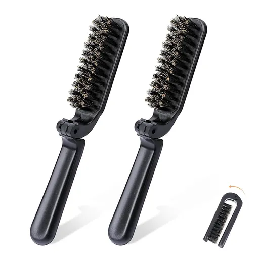 2Pcs Travel Hair Brush, Mini olding Hair Brush Collapsable Boar Bristles Hair Comb Pocket Beard Brush Portable Hair Styling Tool or Women and Men