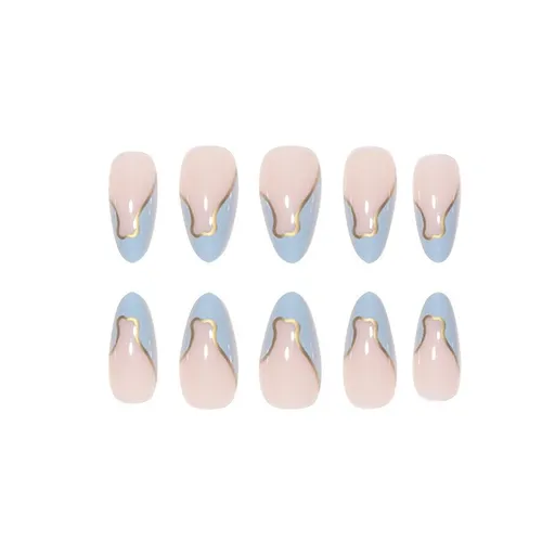 24 Pcs - MINGCHUN Summer Fake Nails Press ons French Nail Art Tips Glitter Line Design Full Cover Acrylic False Nails Glue