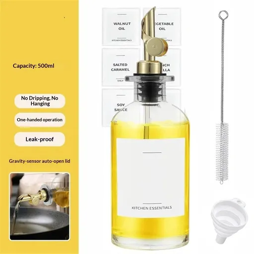 Olive Oil Dispenser Bottle - Includes Kitchen Essential Labels - Cooking Oil Bottles for Kitchen, Coffee Syrup Dispenser - Pourer Spout with 16.9 fl oz Glass Container Cruet - 2pcs, Gold