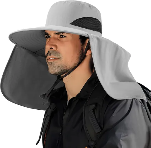 UPF 50+ Wide Brim Fishing Hat with Neck Flap, Waterproof Outdoor Sun Bucket Hat for Men and Women, Hiking, Beach and Travel, Light Grey
