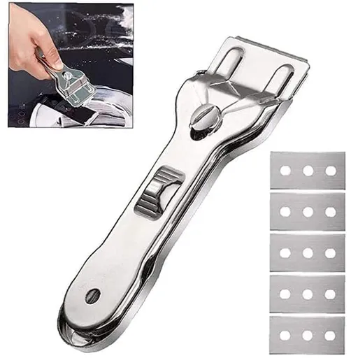 Glass scraper with 5 replaceable blades for effective cleaning, compatible with glass hobs