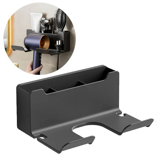Wall Mounted Hair Dryer Holder, Self Adhesive Blow Dryer Organizer with Three Compartments for Bathroom Cabinet, Black, 6.5 x 2.75 x 4.92 inches