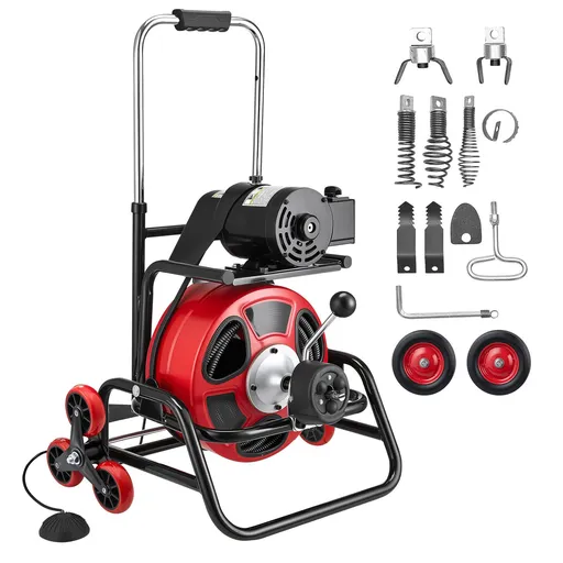 Drain Cleaner Machine 30m x 9.5mm, Auto Feed Sewer Snake Auger, Portable Drain Cleaning Machine with Climbing Wheels, Adjustable Drum, 8 Cutters & Foot Switch for 50mm to 100mm Pipes
