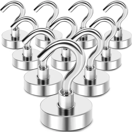 magnetic hook - 10 pieces for more than 5 kg - super strong pulling force - magnet with hook - heavy magnetic hook for hanging, kitchen - silver