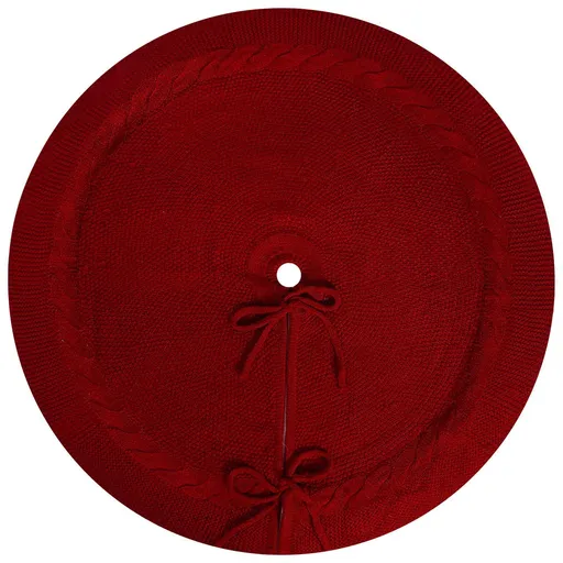 Red Luxury Knit Christmas Tree Skirt with Cable-Knit Border - Rustic Holiday Decor(62cm)