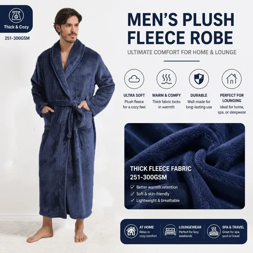 Men's Flannel Bathrobe blue M Size - Soft Coral Fleece Hooded Kimono Collar Dressing Gown Loose Fit Warm Comfortable Loungewear Home Spa Easy Care Machine Washable