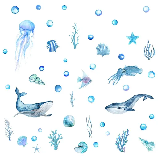 Sea World 3D Wall Stickers,Blue Fish DIY Cute Ocean Wall Decals for Kids Bedroom Bathroom Decorations