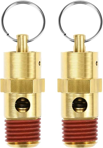 Brass Pressure Relief Valve (2 Pack) - 1/4 Inch NPT Threaded, 150 PSI Rating, Air Compressor Check Valve with Seal Thread Locks
