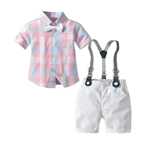 Bugava Boys Plaid Shirt Suspenders Set Summer Cotton Pink plaid shirt + suspenders 130cm