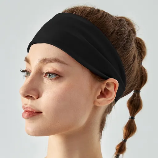 Black Premium Wide Yoga Headband - Breathable Nylon/Spandex Sweat-Wicking Hair Band for Women (49cm Circumference) - Athletic Non-Slip Fitness Headwrap