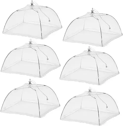 6 Pack Pop-Up Mesh Food Covers with Foldable Nylon Frames for Outdoor Picnics, Camping, Parties and Insect Protection, White, 43 cm