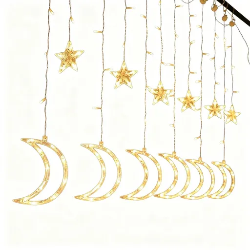 Led Curtain Lights Moon Star Light String 6.6ft Window Decoration 8 Modes Remote Control USB Power Warm White (Big Crescent)