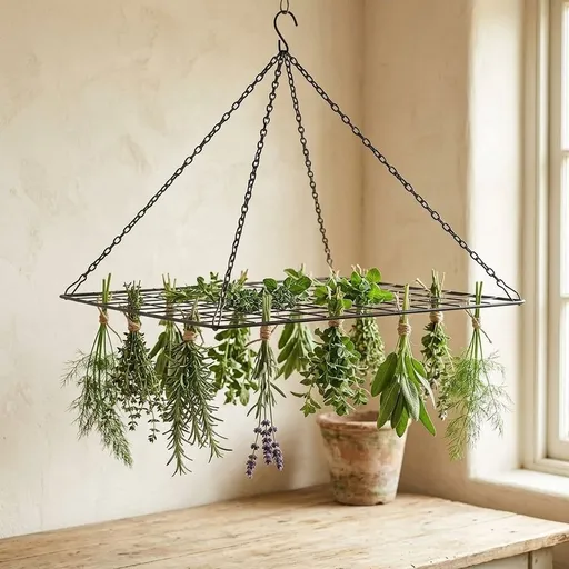 Hanging Herb Drying Rack, 13.8"x13.8" Square Metal Mesh Herb Dryer with Chain & Hook, Hanging Plant Drying Rack for Herbs, Garlic, Chili, Flowers, Garden Harvest