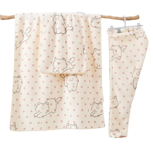 3 Piece Dog Print Coral Fleece Towel Set (Kitten pattern)- Soft Absorbent Face Towel, Large Bath Towel and Drying Cap, Quick Dry Bathroom Set for Home and Travel