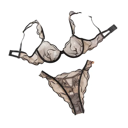 Underwear Sexy Thin Transparent Pure Desire Embroidery Large Chest Minimizer Push Up Bra And Panty Set - Black - S
